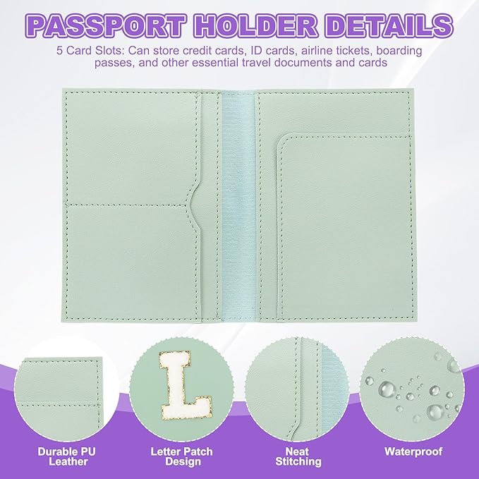 PATIKIL Passport Holder for Travel, Initial Passport Cover and Luggage Tag Set with Alphabet Chenille Letter Patch Travel Wallet Bag Suitcase Identifier for Women Family Travel Green L
