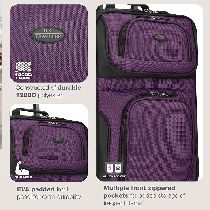 U.S. Traveler Rio Lightweight Softside Rolling Carry-on Suitcase, 2-Wheel Single, Purple