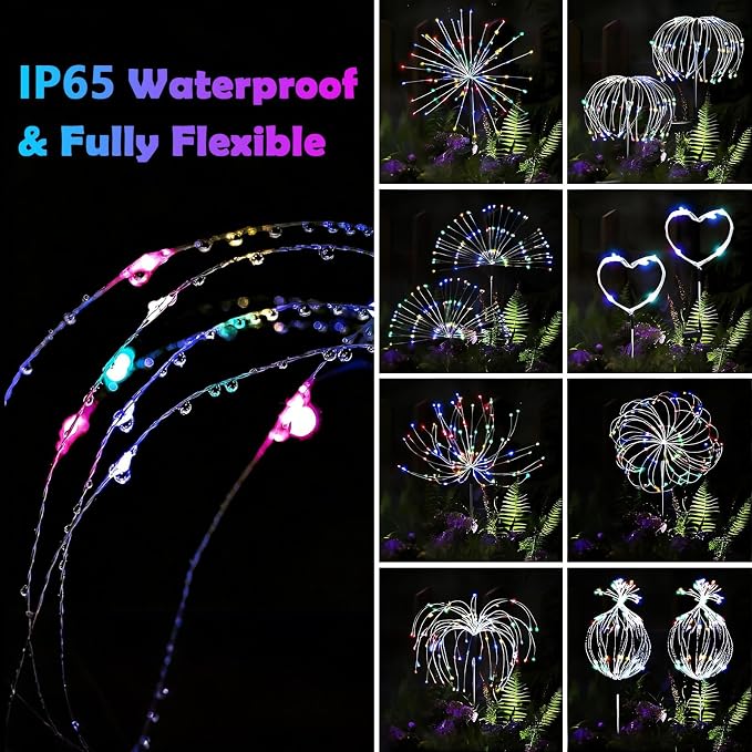 4-Pack Solar Firework Lights for Outside Waterproof Garden Fairy Lights | Adjustable 32"-51" tall, 200 LED stainless steel stake starburst lights with 8 modes for pathway patio decorations.