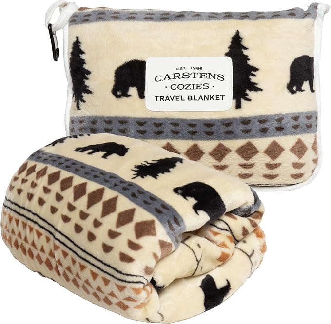 Carstens, Inc. Travel Blanket, Premium Compact 2-in-1 Airplane Blanket/Pillow, Scandinavian Bear