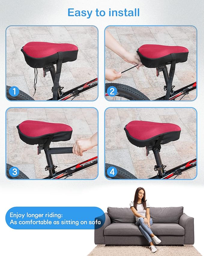 Bike Seat Cushion, Gel Bike Seat Cover, Bicycle Seat Cushion Covers for Women Men Comfort Compatible, Suitable for Outdoor and Indoor (11x10 inch)-Red