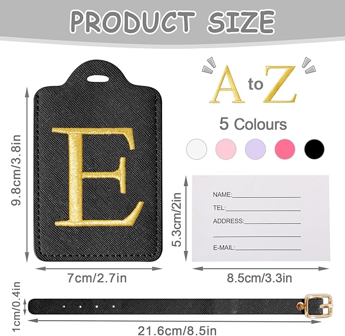 Initial Luggage Tags for Suitcases, Cute Embroidered Letter Luggage Bag Suitcase Identifier Name Baggage Tag, PU Leather Travel Luggage Tags, Bag Tags for Men Women Kids Luggage Handbags(Black E)