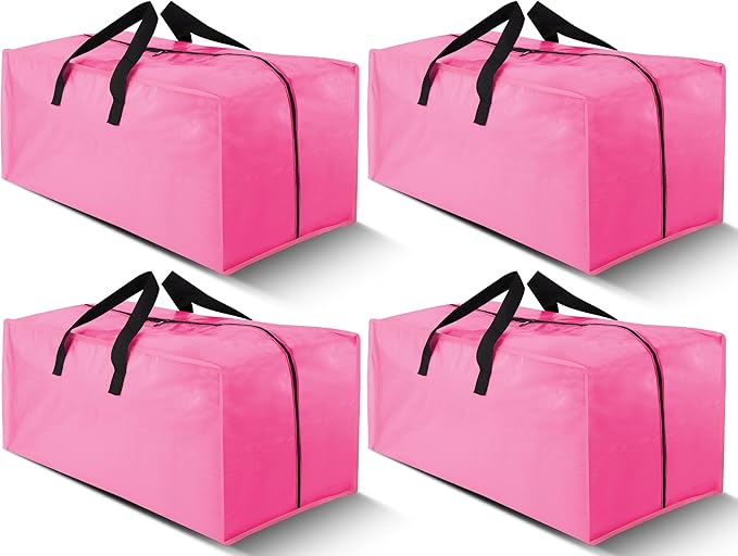 Cosy Family 4 Pack Heavy Duty Extra Large Moving Bags with Backpack Straps - Strong Handles & Zippers, Storage Totes For Space Saving, Fold Flat, Alternative to Moving Box, Pink