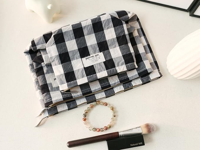HAPPYHEIDI Large Cotton Black White Checker Makeup Bag with Compartment Cosmetic Toiletry Travel Pouch,Purse Accessory Organizer,Canvas Lined