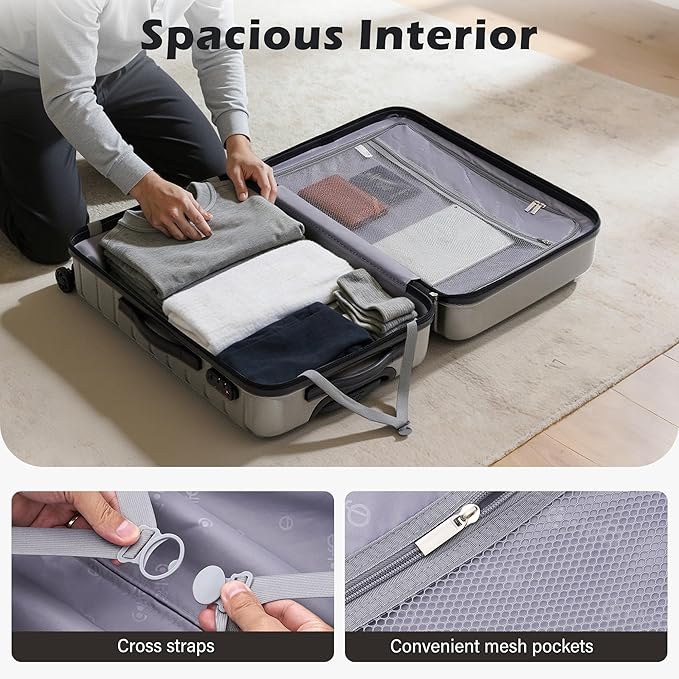 Coolife Medium Checked Luggage with Spinner Wheels, Hardside Suitcase TSA Lock Lightweight Travel Luggage 24-inch,Gray