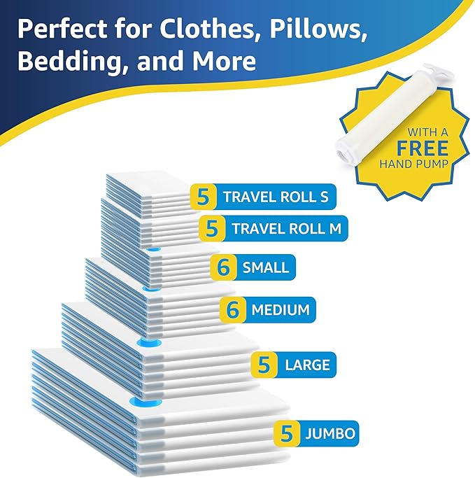 Simple Deluxe 32 Pack Vacuum Storage Bags (5 Jumbo/5 Large/6 Medium/6 Small/5 Roll M/5 Roll S) Space Saver Bags, Vacuum Seal Bags with Hand Pump for Comforters, Blankets, Bedding, Pillows and Clothes