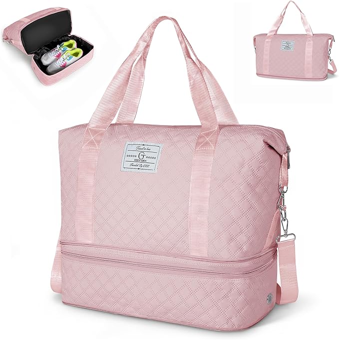 Geestock Travel Duffel Bag, Weekender Bags for Women, Carry on Overnight Bag with Shoe Compartment & Trolley Sleeve, Personal Item Travel Bags with Storage Pouch for Travel, Yoga, Gym, Hospital, Pink