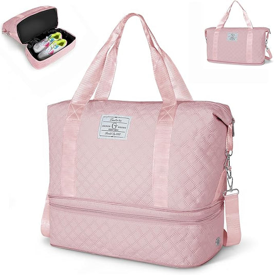 Geestock Travel Duffel Bag, Weekender Bags for Women, Carry on Overnight Bag with Shoe Compartment & Trolley Sleeve, Personal Item Travel Bags with Storage Pouch for Travel, Yoga, Gym, Hospital, Pink