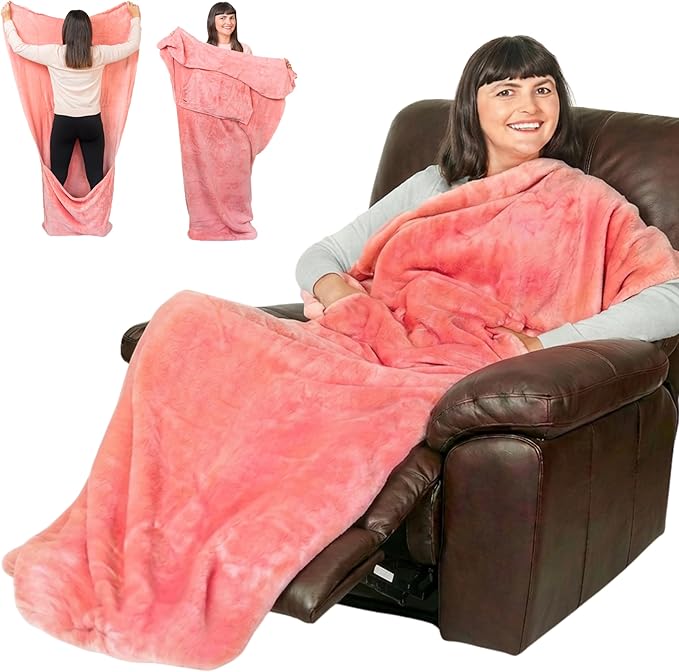 Fleece Lightweight Foot Pocket Blanket with Marsupial Pocket - Dorm Gifts - TV Throw - Plush Throw for Mom - Girl Gamer Gifts - Lap Gamer Blanket (Fleece, Powder Pink)