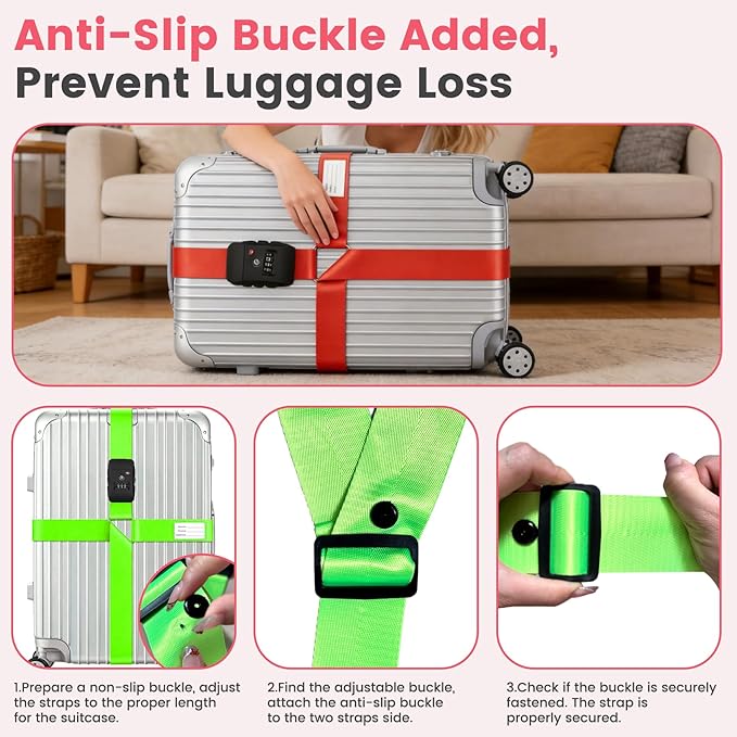 Upgrade TSA Approved Luggage Straps with Retainer Clips, Adjustable Heavy Duty Anti-Burst Travel Strap, High Visibility Easy Identification, Cross Design Luggage Belt for 20-34 Inch Luggage(Red)