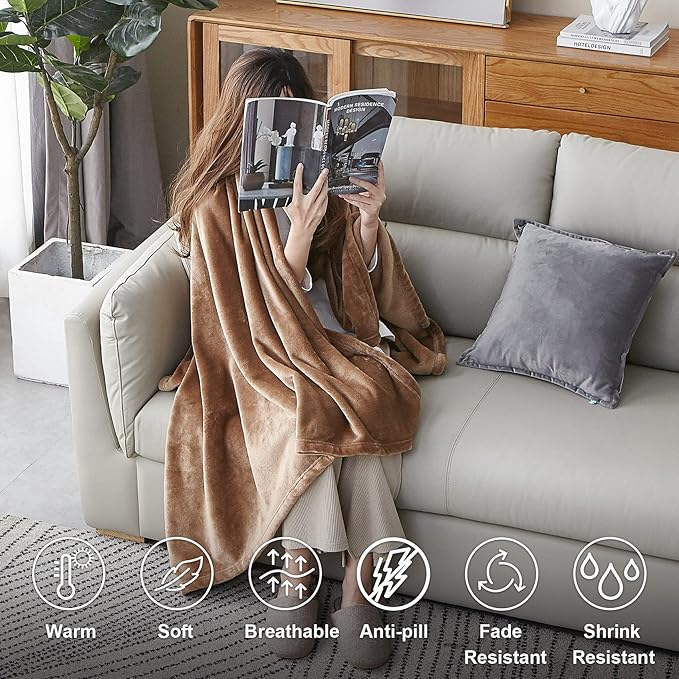 Hansleep Flannel Fleece Throw Blanket Twin Size, Super Soft Fluffy Bed Plush Blanket Throw, Luxury Fuzzy Cozy Couch Blanket for All Seasons, Camel, Twin 60x80