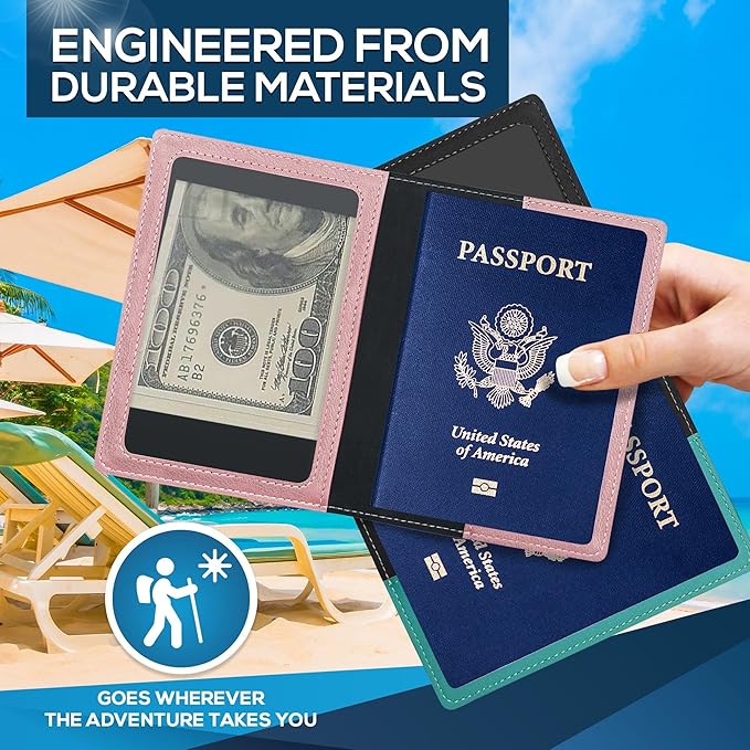 Ciana Passport Holder for Travel – PU Leather Passport Cover and Card Holder for Men & Women – Slim Passport Holder with Card Protector Slot, Travel Must Haves (Turquoise and Rose Gold)