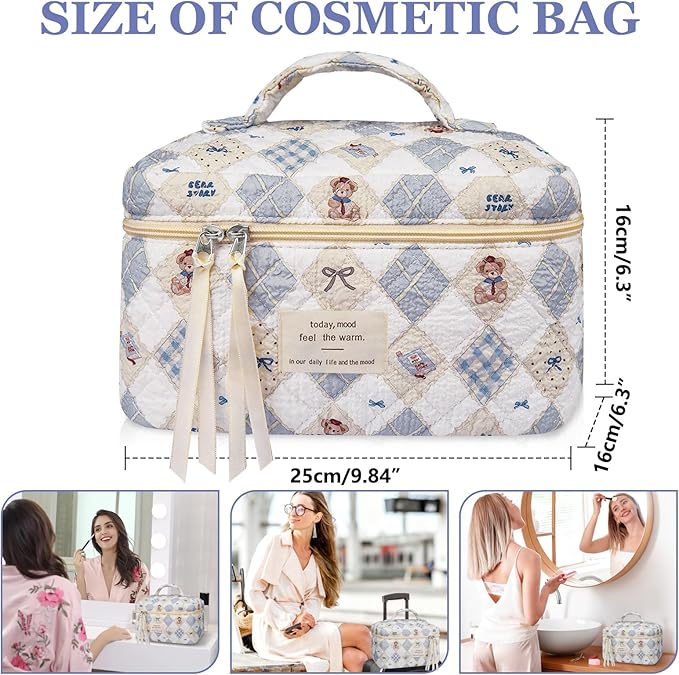 Large Makeup Bag, Cute Cosmetic Bag for Women Girls, Floral Coquette Aesthetic Toiletry Bag, Travel Make Up Organizer Bag (Check Bear)