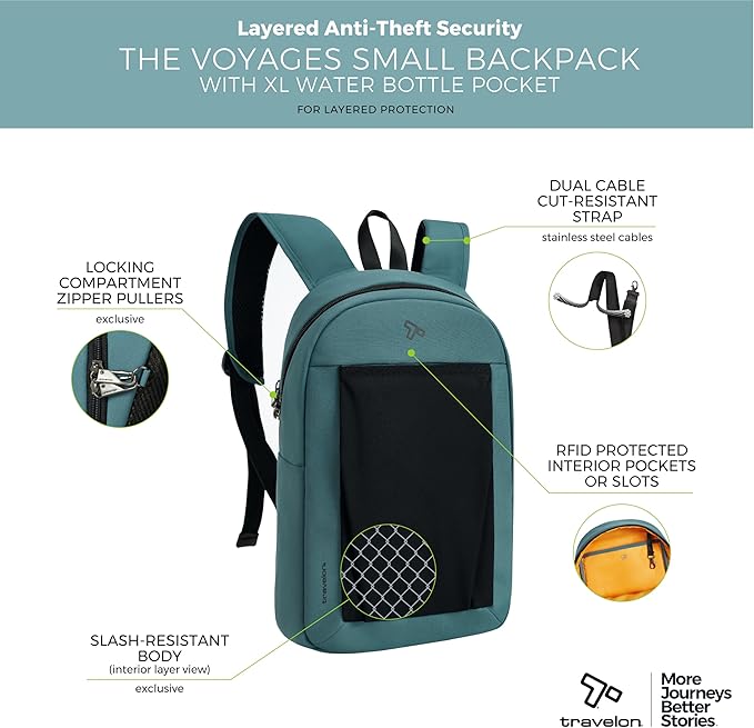 Travelon Anti-Theft The Voyages Small Backpack with XL Water Bottle Pocket