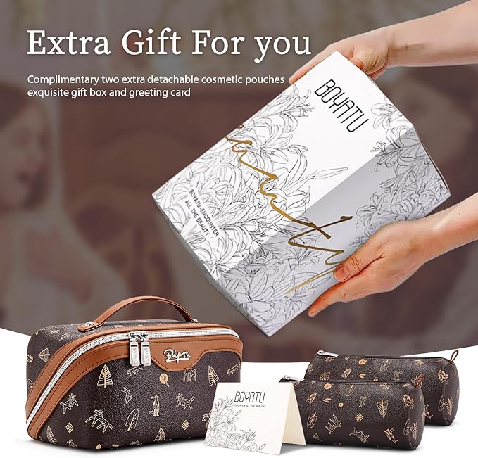 BOYATU Travel Makeup Bag Cosmetic Bags for Women: 3 Pcs Set Portable Make up Bag with Handle - PU Leather Toiletry Bags with Compartments - Makeup Organizer for Travel Essentials(L-1-Brown)