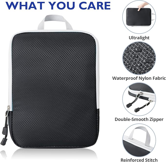 Compression Packing Cubes, 10 Set Packing Cubes for Travel Compression, Lightweight Compressible Package Organizer for Carry On and Suitcases, Black and Grey