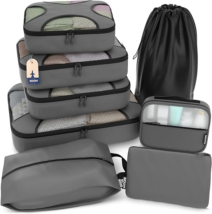 Shacke Packing Cubes for Travel 8 Set - Compression Luggage Organizer Bags - Versatile Travel Organizer for Women and Men - Optimized Packing Bags - Travel Essentials (Dark Grey)