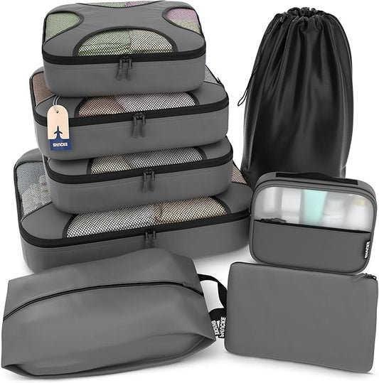 Shacke Packing Cubes for Travel 8 Set - Compression Luggage Organizer Bags - Versatile Travel Organizer for Women and Men - Optimized Packing Bags - Travel Essentials (Dark Grey)