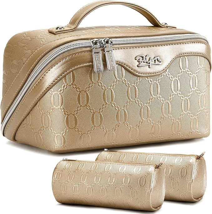 BOYATU Travel Makeup Bag for Women: Cosmetic Organizer Bag with Compartments - Leather Make up Bags Set of 3 (G-5-Gold Yellow)