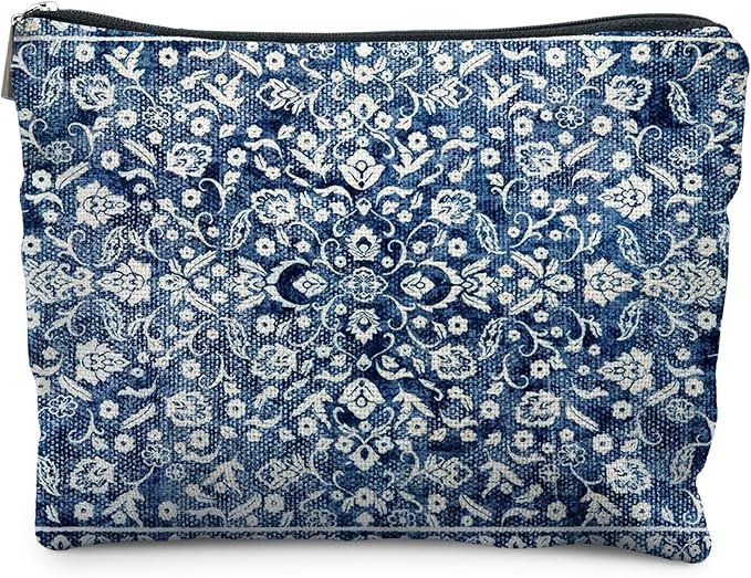 Vintage Blue Chinoiserie Floral Makeup Bag, Blue and White Flower Cosmetic Bags for Women, Retro Grandmillennial Indigo Floral Zipper Makeup Pouch