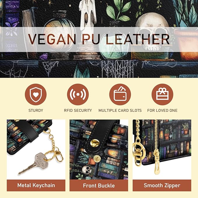 Jogjam Bookshelf and Skull Goth Gothic Skeleton Rfid Women Wallet, Small Slim Thin Compact Travel Credit Card Wallet, PU Leather Bifold Cash Wallet, Zipper Coin Pocket ID Window, Female Ladies Gifts