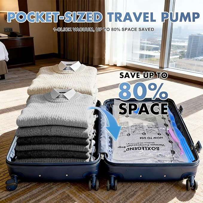 BoxLegend 20 Pack Travel Vacuum Storage Bags with Wireless USB Electric Pump (1200mAh) 4 Sizes for Luggage, Suitcase & Backpack Must-Have Travel Essentials Save 80% Space for Clothes & Packing