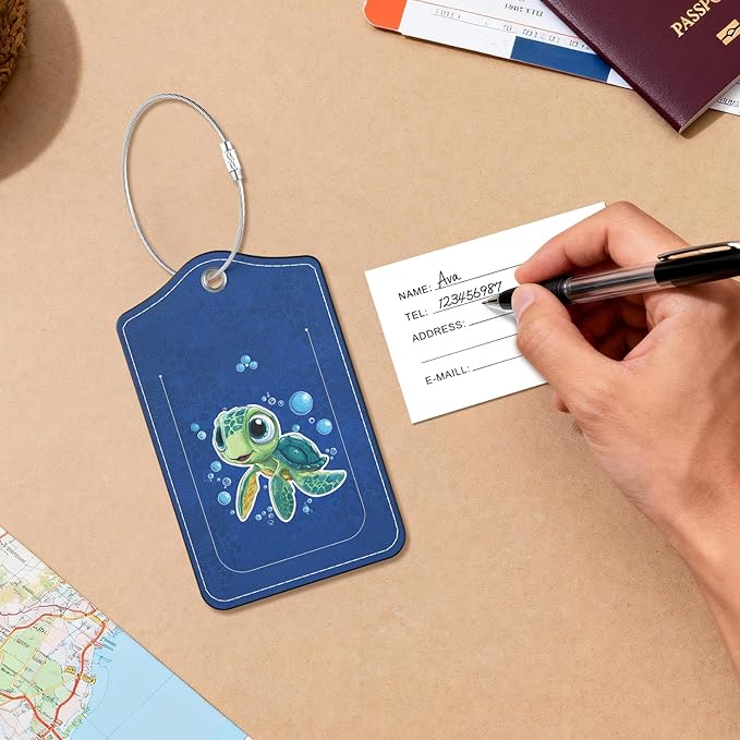 2 Pack PU Leather Luggage Tags for Suitcases, Privacy Protection Cover with Stainless Steel Loop and Address Card, Travel Cruise Essentials (Sea Turtle)