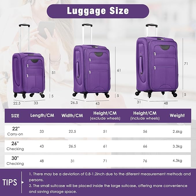 Purple 5 Piece Softside Luggage Sets, Expandable Lightweight Suitcase Sets Double Softshell Spinner Wheels Travel Luggage Set for Women and Men