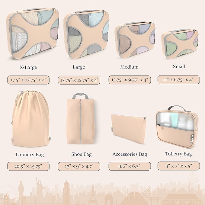 Shacke Packing Cubes for Travel 8 Set - Compression Luggage Organizer Bags - Versatile Travel Organizer for Women and Men - Optimized Packing Bags - Travel Essentials (Nude Biege)