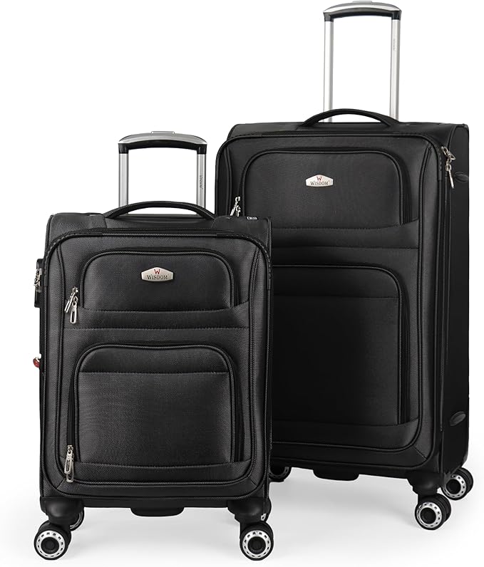 Softside Luggage Sets 2 Piece,Expandable15% Lightweight Durable Suitcase Sets Double Spinner Wheels w/Combination LOCK （Black,20in/26in）