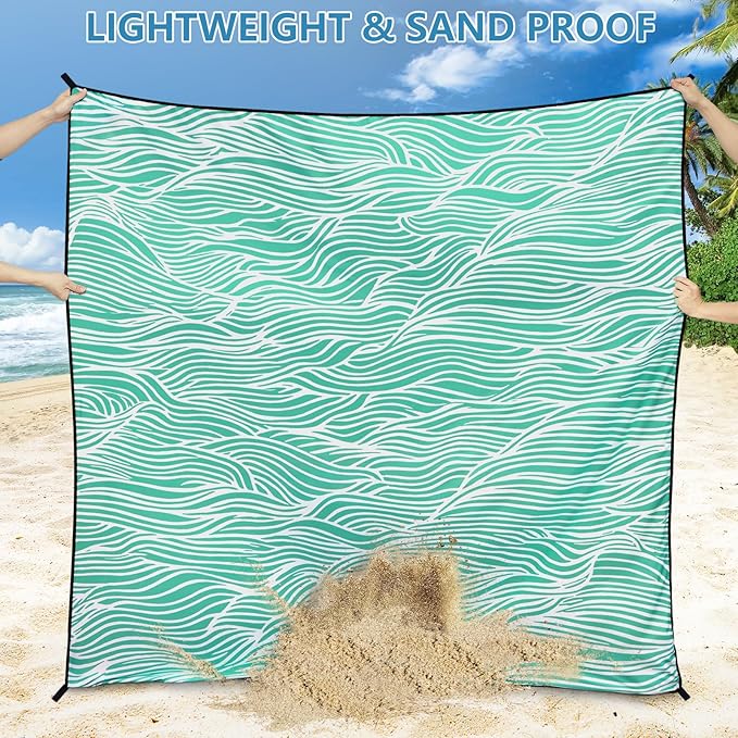 Beach Blanket Sandproof Extra Large Beach Mat Adults Waterproof Quick Drying Sand Free Mat Made by Premium Polyester with 4 Stakes & 4 Corner Pockets for Outdoor Travel Camping Hiking
