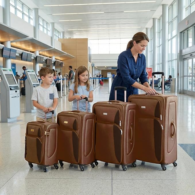4 Piece Softshell Expandable Luggage Sets, Lightweight Travel Suitcase Set with Lock and 360°Swivel Spinner Wheels, Durable Softside Luggage, 20 in/24 in/28 in/32 in, Brown