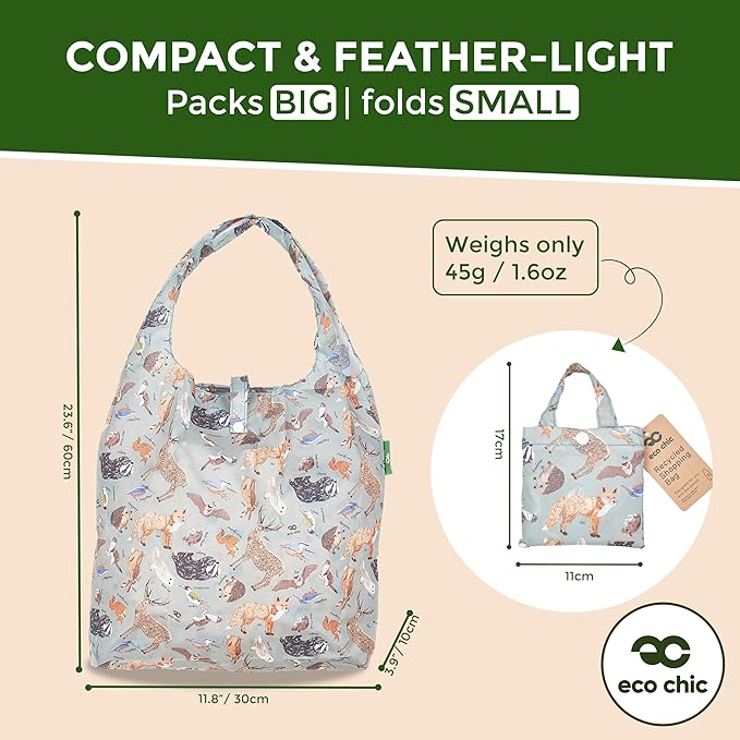 ECO CHIC Foldable Reusable Grocery Bags - Lightweight, Recycled & Reusable Shopping Bag - Waterproof Packable Tote