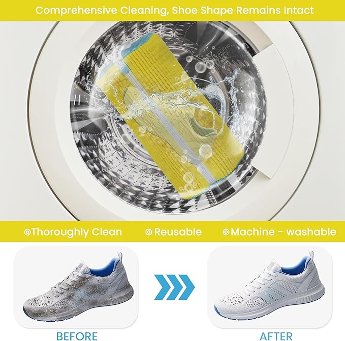 2Pcs Shoe Washing Machine Bag, Sneaker Laundry Bag for Washing Machine, Extra Long and Thick Microfibre Fluff, Reusable for Washer and Dryer (2 Pcs, Light Yellow Blue)