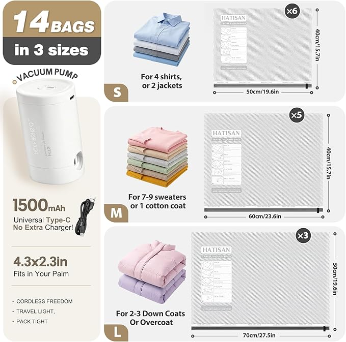 Vacuum Seal Bags for Clothing Travel with Rechargeable Electric Pump, Space Saver Vacuum Storage Bags Travel, Reusable Compression Bags for Luggage Home (14pcs Stripes)