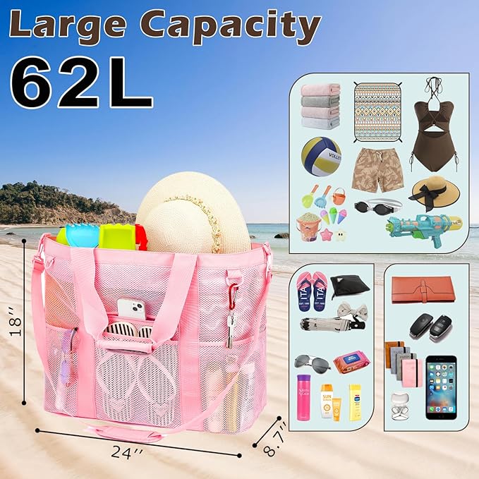 Fammart Mesh Beach Bag, Large Beach Tote with Zipper Pocket, Toys Pool Bag for Family Travel Vacation Cruise Essentials