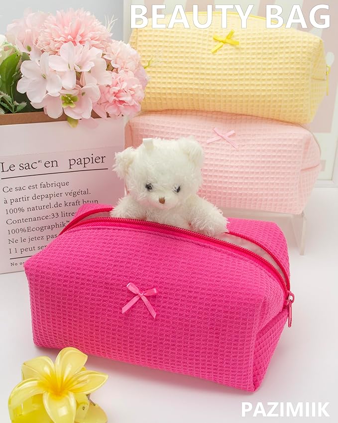 PAZIMIIK 2PCS Cozy Makeup Bag Travel Cosmetic Bag for Women Soft Toiletry Bag Aesthetic Makeup Organizer Portable Large Zipper Pouch for Skincare Beauty Accessories Brushes Waffle Hotpink