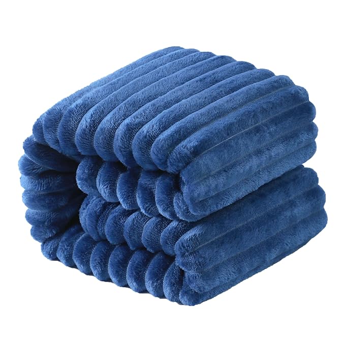 NTBAY Plush Flannel Twin Bed Blanket, 60X80 Inches Soft and Warm Lightweight Blanket with Striped Texture Bed Blanket for Couch Sofa Bed All Seasons, 60"x80", Navy Blue