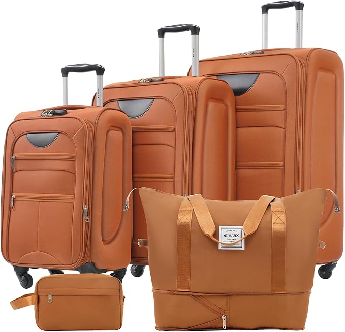 Merax Suitcase Set Softside 3-Piece Expandable Luggage with TSA Lock Spinner Wheels Lightweight Upright Luggage with Travel Bag(22/26/30 IN,Orange)
