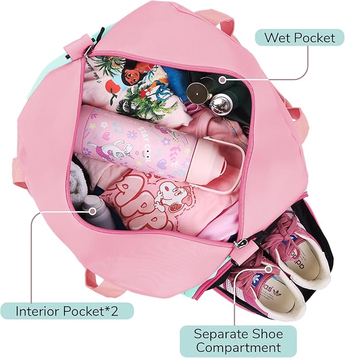 WOOMADA Kids Duffle Bag for Boys or Girls, Kids Overnight Bag with Shoe Compartment＆Wet Pocket, Ideal for School Practice, Sports, Travel(pink green)