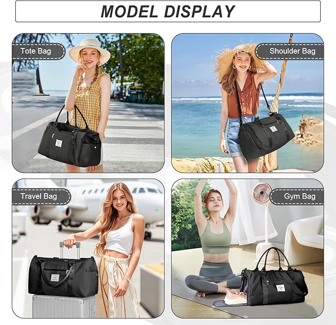 Small Black Sports Gym Duffel Bags for Women Men, Travel Totes Bag Cute Weekender bag with Wet Pocket and Shoe Compartment for Carry On, Gym, Dance, Overnight, Sport Pickleball, Tennis, Racketball
