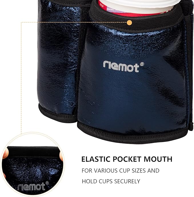 riemot Luggage Travel Cup Holder Free Hand Drink Carrier - Hold Two Coffee Mugs - Fits Roll on Suitcase Handles - Gifts for Flight Attendants Travelers Accessories Glitter Navy