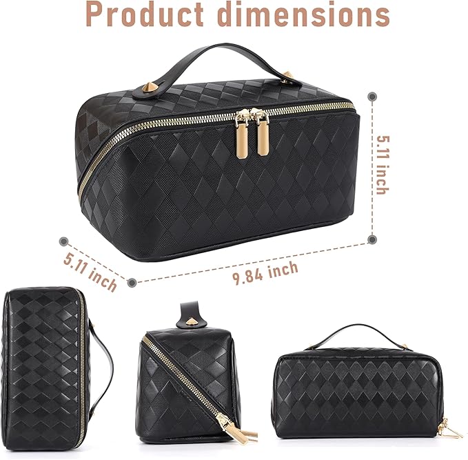 Large Capacity Travel Cosmetic Bag - Portable Makeup Bags for Women Waterproof PU Leather Checkered Makeup Organizer Bag with Dividers and Handle,Toiletry Bag for Cosmetics