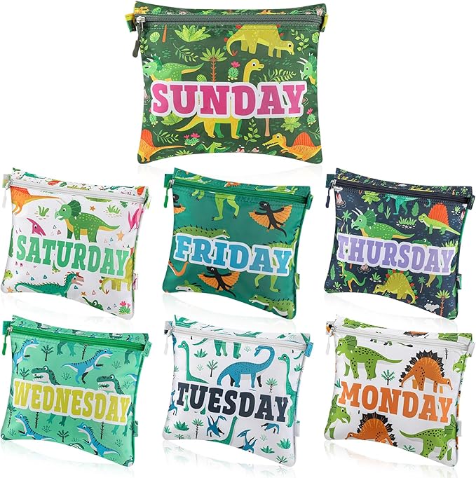 Paterr 7 Pcs Packing Cubes for Travel Kids Day of Week Compression Packing Bags Colorful Luggage Suitcase Organizers Bag for Travel (Dinosaur)