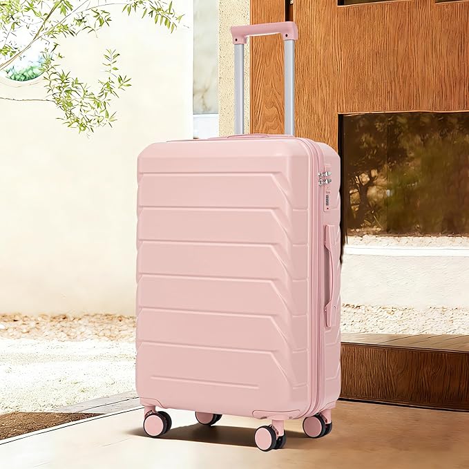 28 Inch Checked-Large Luggage, Lightweight ABS Hard Shell Suitcase with Spinner Wheels, Expandable Travel Luggage with Combination Lock & Side Hooks for Men Women (Pink, 28)