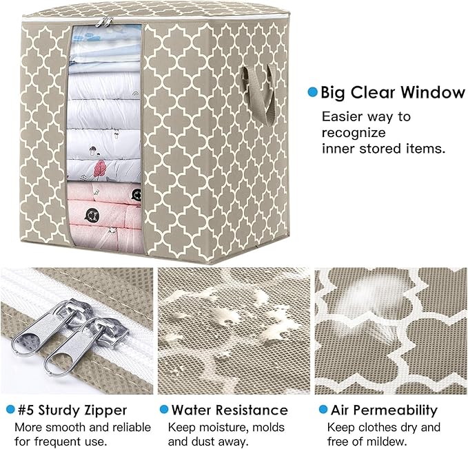 WISELIFE Storage Bags 6 Pack/100L Large Blanket Clothes Organization and Storage Containers for Comforters,Bedding, Foldable Organizer with Reinforced Handle, Clear Window, Sturdy Zippers,Beige
