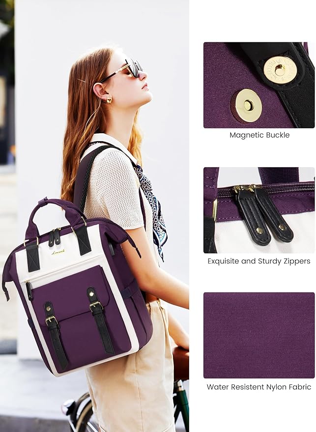 LOVEVOOK Laptop Backpack for Women, Teacher Nurse Bag Work Travel Computer Backpacks Purse,Water Resistant Daypack,Beige Purple 17.3in