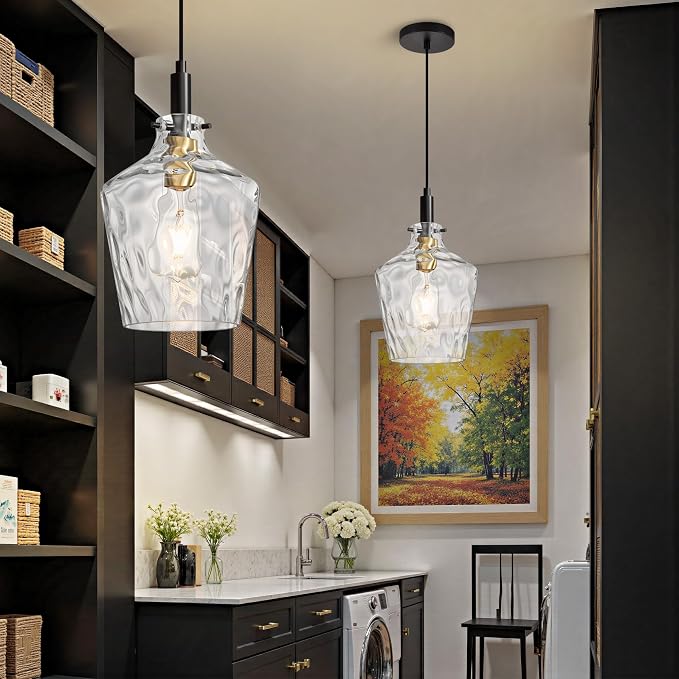 Hammered Glass Pendant Light for Kitchen Island 1 Pack Black Gold 8 Inch | Adjustable cord Dimmable, E26 bulbs, Rust-resistant Damp Rated For Bathrooms, 5-Year Manufacturer Warranty, UL Certification