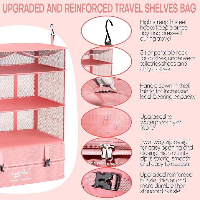 Compressible Packing Cubes Portable Hanging Closet Shelves 17"x12"x24" Extendable Travel Organizer Nylon Packing Bags for Suitcase