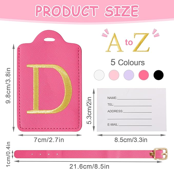 Initial Letter Luggage Tags for Suitcases, Embroidered Monogrammed Suitcase Luggage Identifier Name Tag, PU Leather TSA Approved Luggage Tags, Bag Tags for Men Women Kids Luggage Handbags(Rosered D)